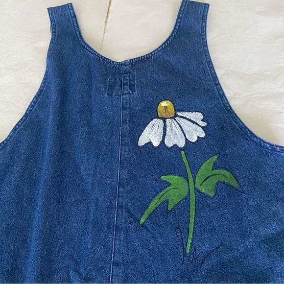 SunBelt Denim overalls Painted white daisies Front pockets Decorative buttons S - Picture 4 of 14